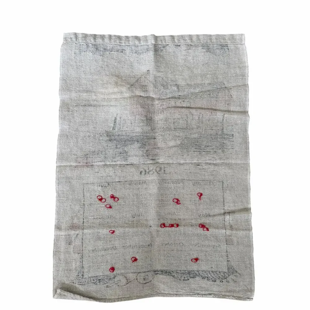 Vtg 1986 Linen Calendar Tea Towel Red Boat House Coastal Cottage Kitchen Decor